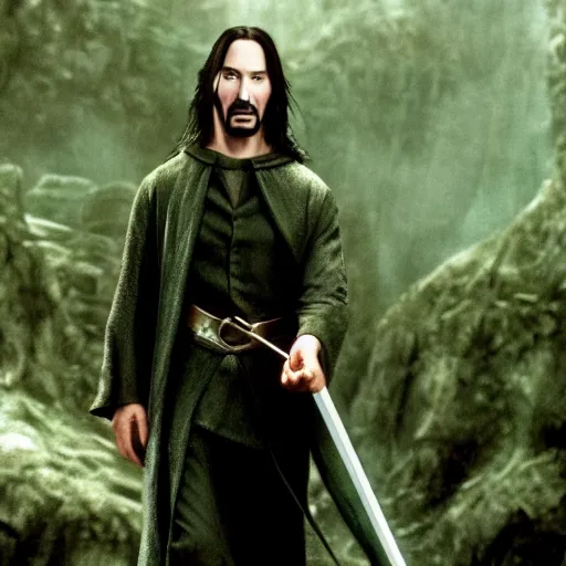 Prompt: Keanu Reeves as an elf in a Lord of The Rings movie, highly detailed still, 4K, 8MM
