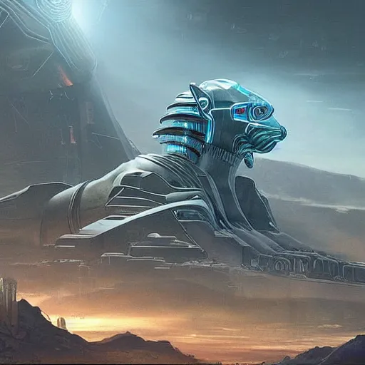 Image similar to a scene of the beautiful intricate epic futuristic cybernetic sphinx, hyper detailed, cinematic lighting