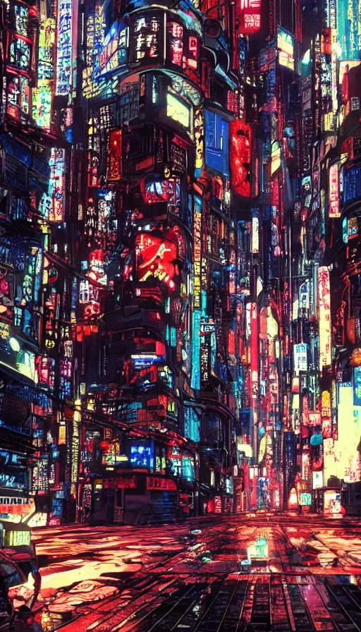 Image similar to cyberpunk street view, film still from japanese animated cyberpunk film Akira movie with art direction by Katsuhiro Otomo, wide lens, flying cards, science fiction, holograms