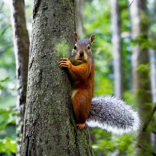 Image similar to a hyper realistic shot of a large squirrel with soft hair and tufts on its ears standing on its hind legs in a luscious green forest, a single weak ray of light emerging through the canopy and hitting the forest floor below him, 8 k, realistic