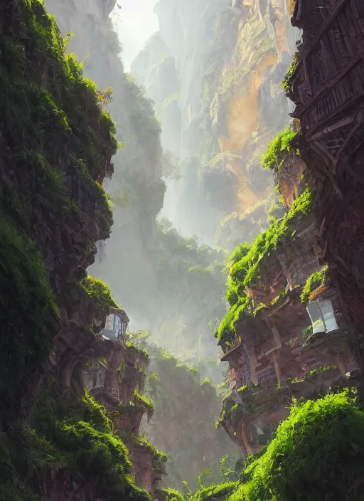 Prompt: medieval city built on terraces in a gigantic canyon, lots of buildings connected by hanging bridges, waterfalls, warm glow coming the ground, lush vegetation, pitchblack sky, extremly detailed digital painting, in the style andreas rocha and greg rutkowski, colors by peter mohrbacger, rim light, beautiful lighting, 8 k, stunning scene, octane, trending on artstation