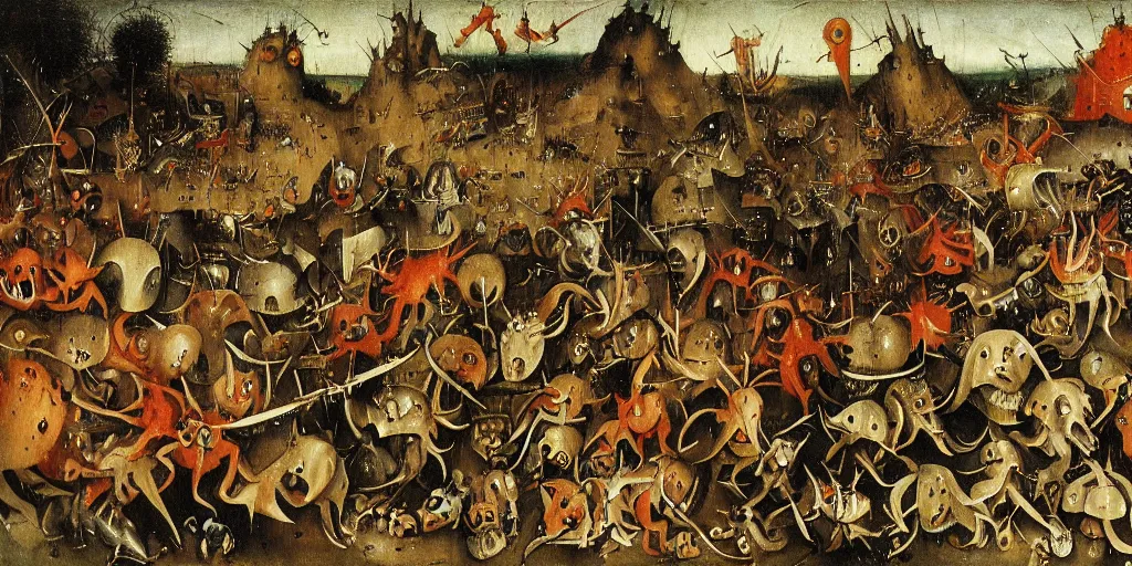 Image similar to a fantasy monster fighting an army of knights as drawn by hieronymus bosch, oil painting, highly detailed