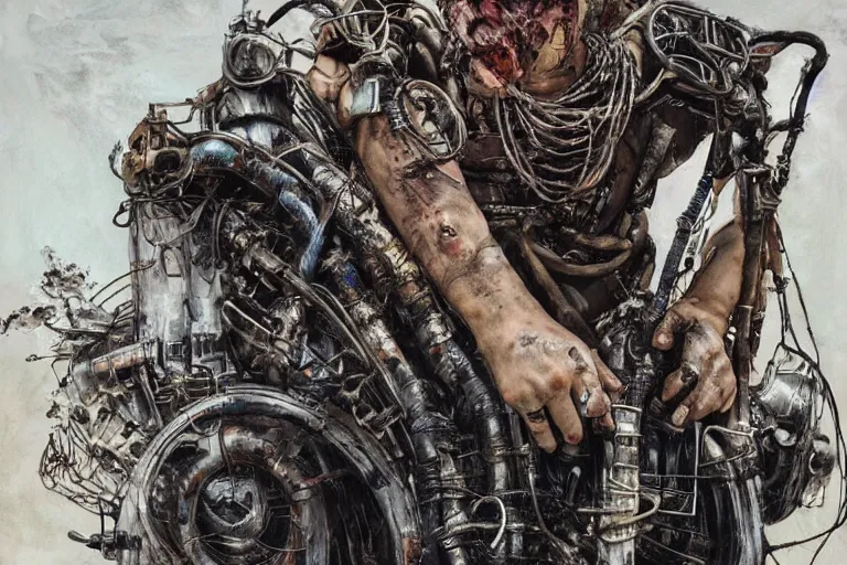 Image similar to mad max rockatansky fury road by brendan mccarthywires cybernetic implants, steelpunk, abandoned steelworks, grime and grunge, in the style of adrian ghenie, esao andrews, jenny saville,, surrealism, dark art by james jean, takato yamamoto