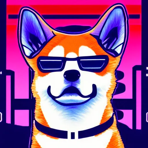 Image similar to Shiba inu, cyberpunk glitchcore synthwave art, trending on ArtStation