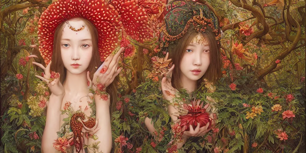 Prompt: breathtaking detailed concept art painting of the goddess of rafflesia arnoldii flowers, orthodox saint, with anxious, piercing eyes, ornate background, amalgamation of leaves and flowers, by Hsiao-Ron Cheng, James jean, Miho Hirano, Hayao Miyazaki, extremely moody lighting, 8K