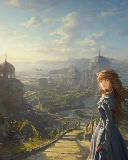 Prompt: over the shoulder landscape painting of violet evergarden, behind her is a distant old european city leiden from violet evergarden next to the reflecting ocean, ocean, sunshine, by Philipp A. Urlich and Pengzhen Zhang and Andreas Rocha, fantasy, intricate, elegant, highly detailed, digital painting, artstation, blender, unreal engine 5, octane render, smooth, sharp focus, illustration