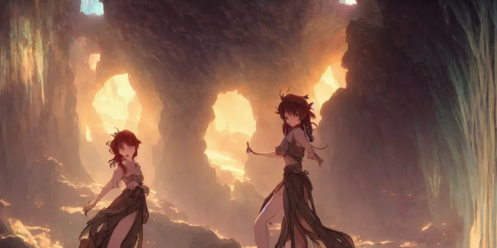 Image similar to the girl and the cave. anime, fantasy, smooth. torches, dark, digital painting, by hayao miyazaki and rossdraws and artgerm and chie yoshii and detmold and greg rutkowski and alphonse mucha. artstation. high quality, stunning, intricate detailed environment. 8 k