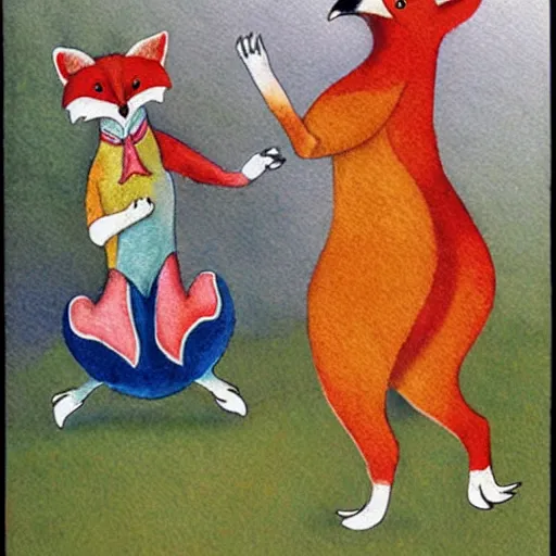 Image similar to a smug fox dances with a pretty chicken, Louis William Wain watercolor,