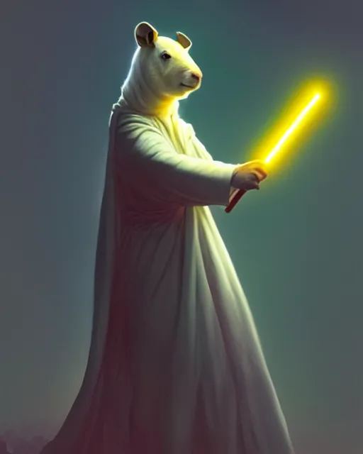 Image similar to a white capybara dressed as a sith lord, beautiful, agile, fairy, myth, legend, detailed, trending on artstation, light effects, kilian eng, john harris, bastien lecouffe - deharme