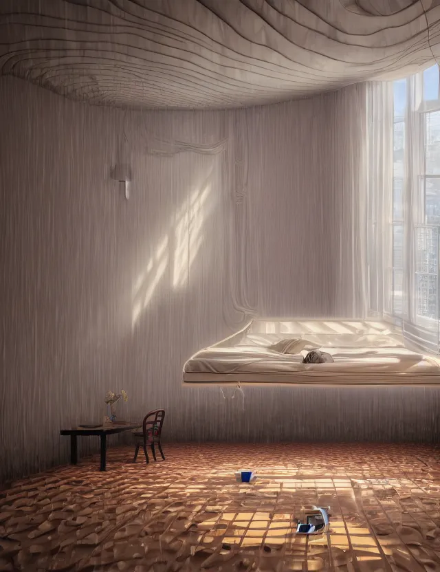 Prompt: an ultra wide angle photo of a bed hovering above the floor in the middle of a giant bedroom with windows opening to other worlds by casey weldon and lee madgewick, photorealistic, octane render, recursive, flowing, cascading, multiverse, labyrinthine