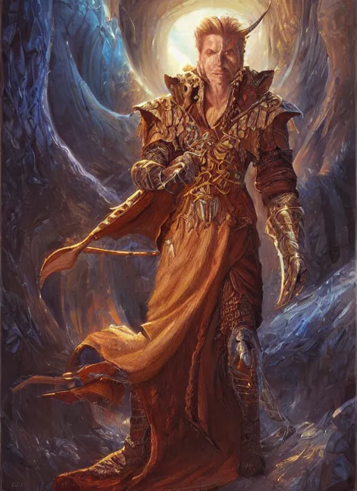 Image similar to a portrait painting of a male wizard, ultra detailed fantasy, dndbeyond, dnd character portrait, full body, pathfinder, pinterest, art by ralph horsley, karol bak, ed binkley