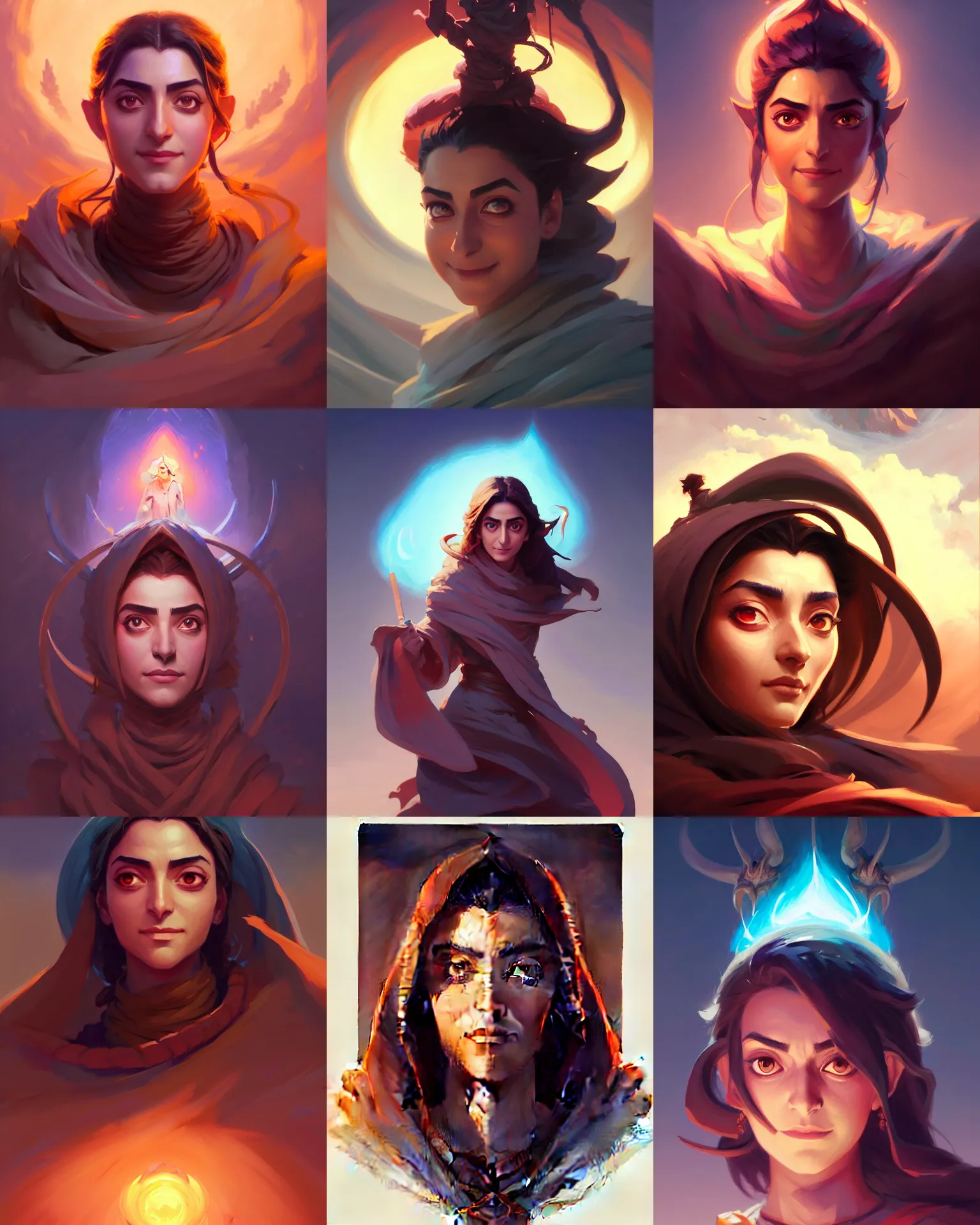 Prompt: centered front facing painted portrait, maya ali as a wind sorcerer, octane render, gloomhaven, matte painting concept art, official fanart behance hd artstation by jesper ejsing, by rhads and makoto shinkai and lois van baarle and ilya kuvshinov and rossdraws