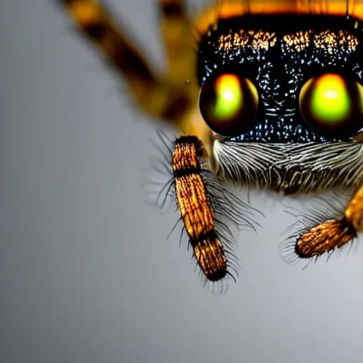 Image similar to a jumping spider using a microscopic keyboard, by pixar, macro lens, iridescent