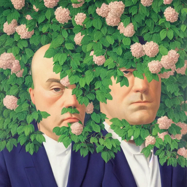 Image similar to portrait of a man, face hidden by beautiful flowers, by rene magritte, detailed painting, hd, hq, high resolution, high detail, 4 k, 8 k