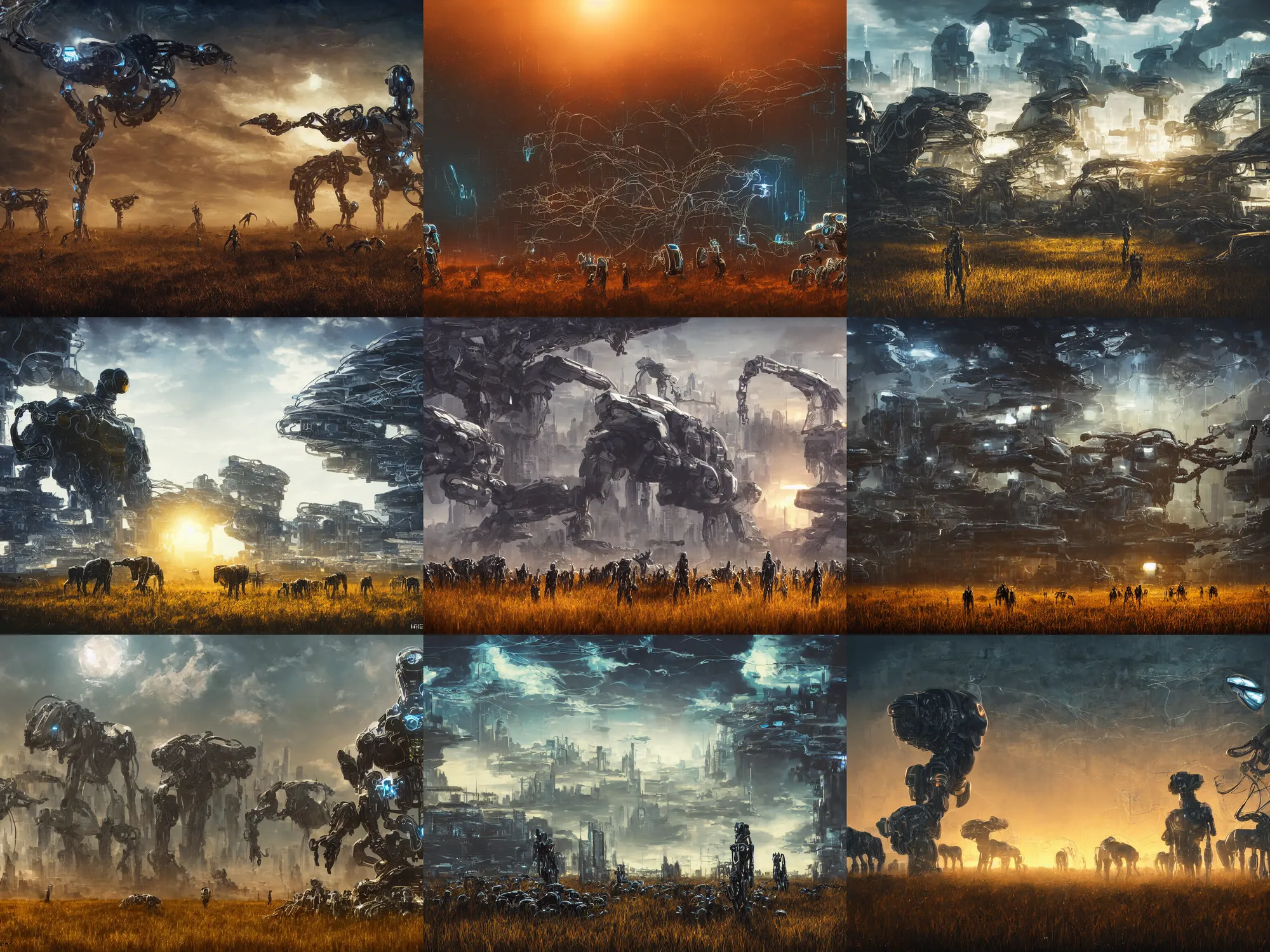 Prompt: cyberpunk, white metal and black plastic robot wildlife, wires and lights, herds fighting, african plains, long grass, futuristic robot organisms, digital matt painting, fantasy art, another world, acacia trees, dramatic lighting, cinematic, anamorphic, golden hour