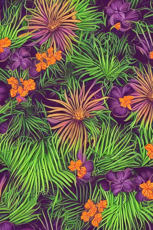 Image similar to moody Intricate detailed vector illustration of tropical flowers and green reeds, multiple cohesive colors ranging from warms purples to bright oranges on a ((very dark background)), 4K resolution