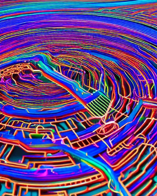 Image similar to intricate maze of rainbow-colored circuitry that extends into the distance. volumetric light , Highly detailed perfectly symmetrical , PBR , high detail,8k resolution , hyper quality , high resolution , hyper quality , high resolution , Octane render , IMAX 3D