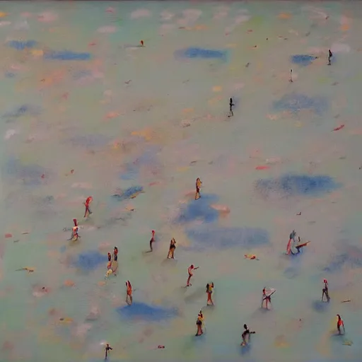 Image similar to a birdseye painting by Sally West of sparse people on a beach from high above, featured on tumblr, action painting, oil on canvas, painterly