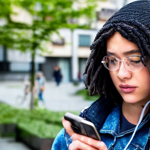 Image similar to candid photographic portrait of a poor techwear mixed young woman using a phone inside a dystopian city, closeup, beautiful garden terraces in the background, sigma 85mm f/1.4, 4k, depth of field, high resolution, 4k, 8k, hd, full color