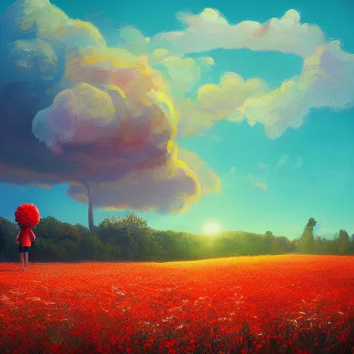 Image similar to giant red flower afro, full body, girl slendering in the middle of a field with flowers, surreal photography, hills, sunrise dramatic light, impressionist painting, colorful clouds, digital painting, pointillism, artstation, simon stalenhag