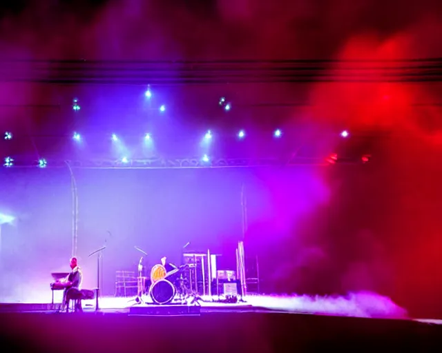 Prompt: singer songwriter on stage, band playing, giant led screens, soft colors, glowing - thin - wires, smoke, dust, ultrafine detail, ornate, associated press photo, band playing instruments, smoke, detailed projections, volumetric