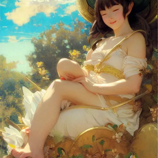 Prompt: a detailed portrait of a serene anime girl, cute smile, eyes closed, cherub features, painting by gaston bussiere, craig mullins, j. c. leyendecker