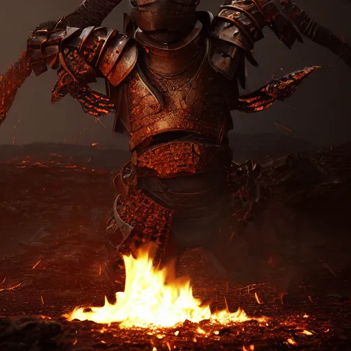 Image similar to hyperrealistic dslr film still of armor disguised as burning embers, in skyrim, stunning 8 k octane comprehensive 3 d render, inspired by istvan sandorfi & greg rutkowski & unreal engine, perfect symmetry, dim volumetric cinematic lighting, extremely hyper - detailed, extremely lifelike attributes & lifelike texture, intricate, masterpiece, artstation, stunning