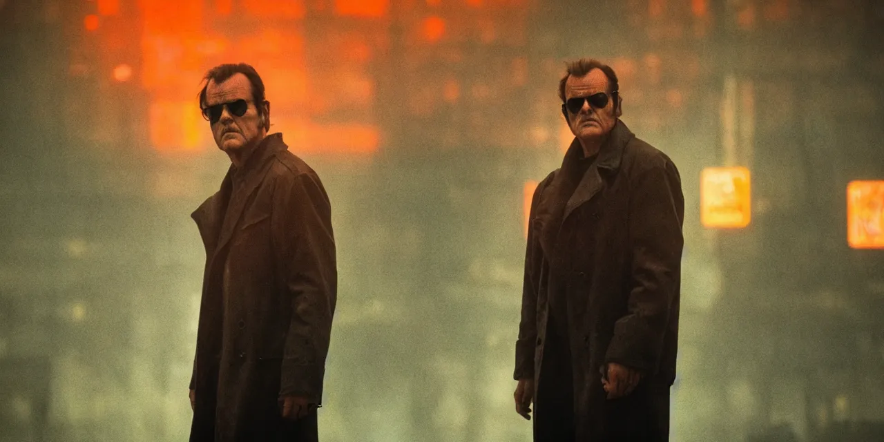 Prompt: young Jack Nicholson in Blade Runner 2049, high contrast, high saturation cinematic film still