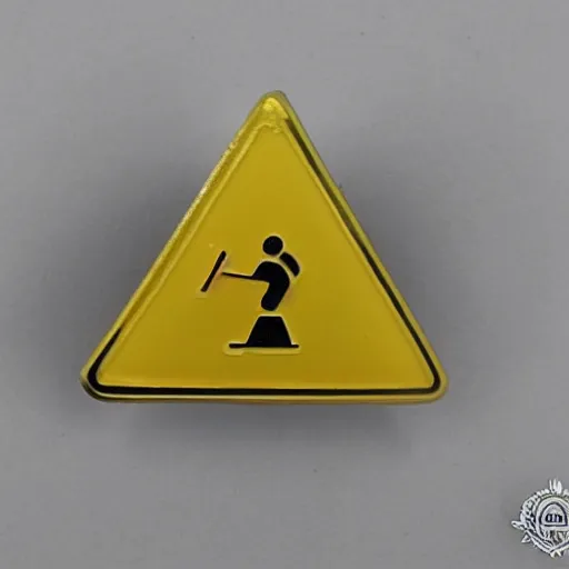 Image similar to a diamond enamel pin depicting a caution hazard label, smooth curves