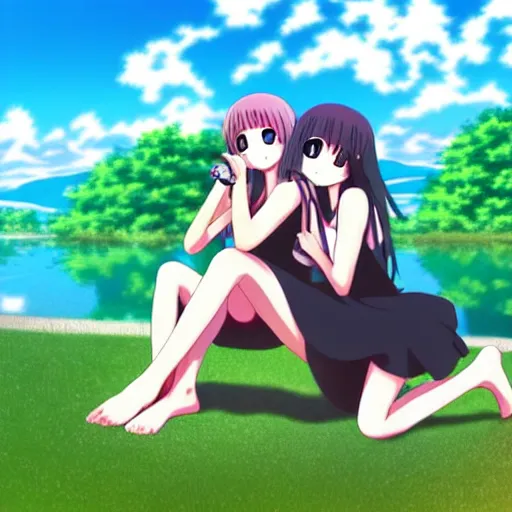 Image similar to two lesbian girls smoking hemp in front of a lake in the style of anime, pixiv, intricate, elegant, highly detailed, lush, stylized, japanese, smooth