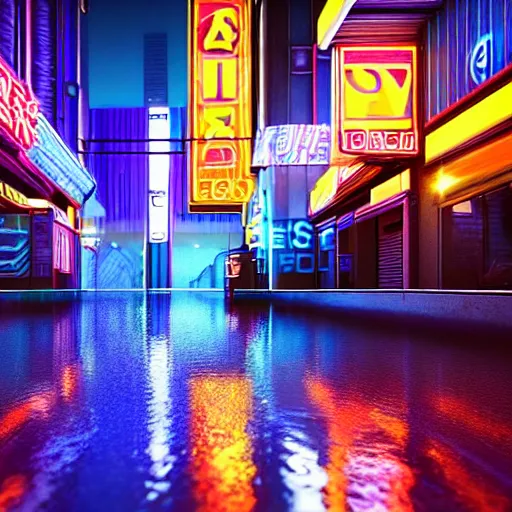 Image similar to still photo of rain puddles and neon light reflections in a cyberpunk city, highly detailed, photorealistic shot, bright studio setting, studio lighting, crisp quality and light reflections, unreal engine 5 quality render