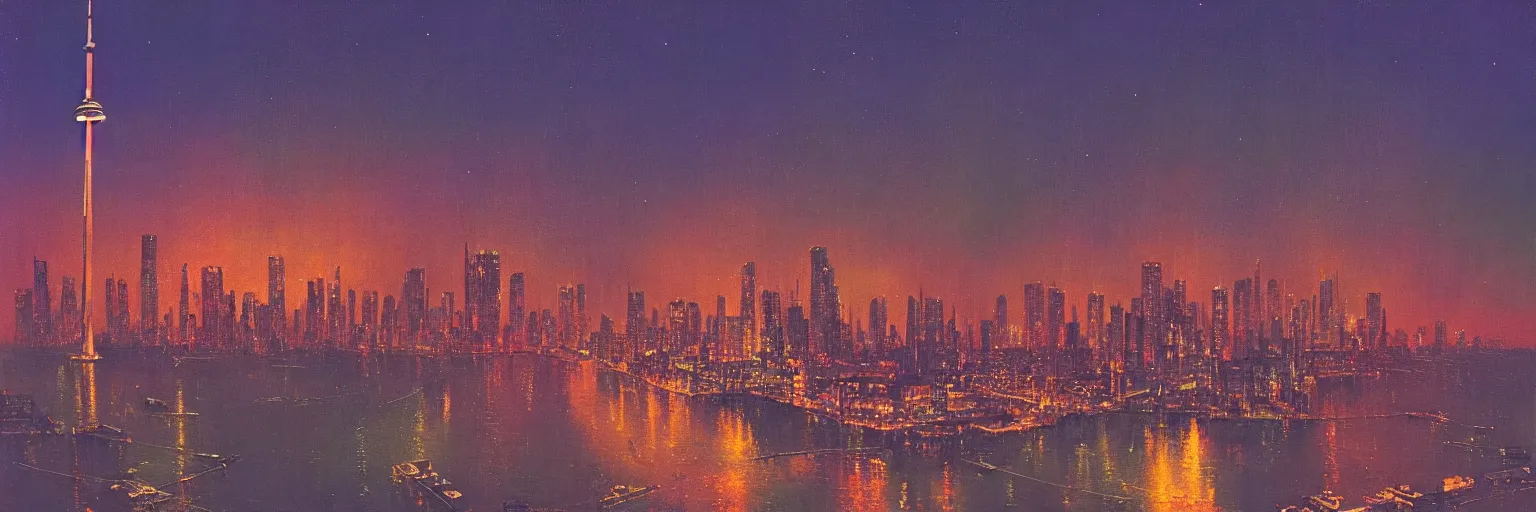 Prompt: awe-inspiring bruce pennington landscape, digital art painting of 1960's toronto at Night 4K, matte