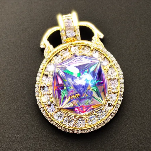 Image similar to Ornate Magic Amulet Jewel Glowing HDR photorealistic Gem Adorned in diamonds