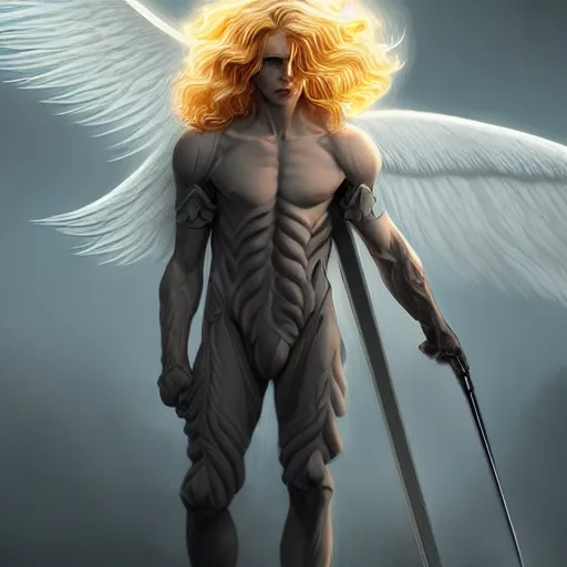 Image similar to digital art of a pale menacing male Cyborg Angel of Battle with fluffy blond curls of hair and piercing eyes, central composition, he commands the fiery power of resonance and wrath, very very long blond curly hair, baroque curls, by WLOP, Artstation, CGsociety