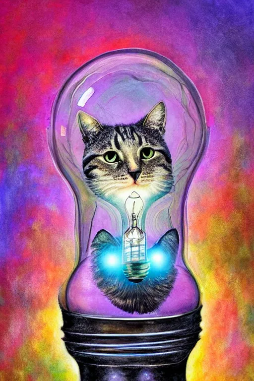 Image similar to portrait of an ethereal cat inside a light bulb, modern fine art, lithe, dreamscape, intricate, elegant, subsurface scattering, highly detailed, pop art painting, organic acrylic flow art, psychedelic surreal art, acrylic art, watercolor, featured on deviantart, cgsociety