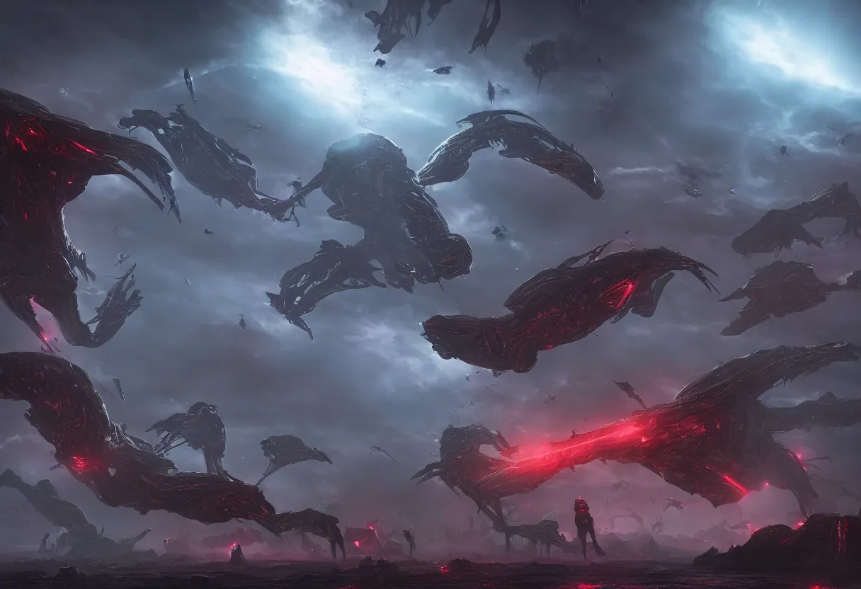 Image similar to eerie and demonic alien race invade galaxy, ominous space battle background, hyper realism, realistic, dramatic lighting, octane render, highly detailed, cinematic lighting, cinematic, art by wes benscoter