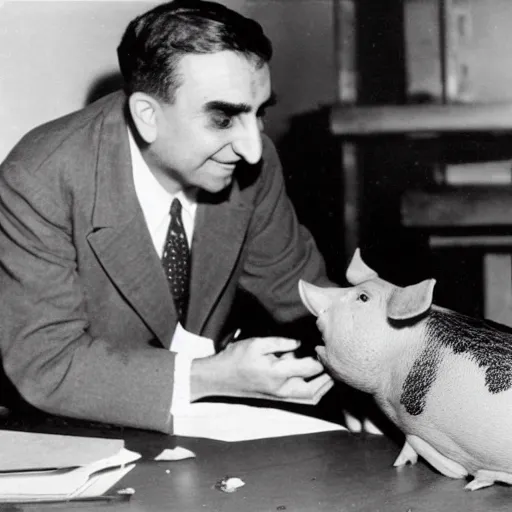 Prompt: edward teller petting a pig in an office at the manhattan project 1 9 4 4 high - quality archive photo