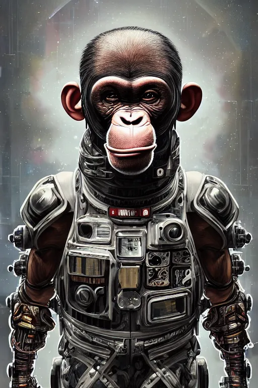Image similar to a portrait of a muscular anthropomorphic cyberpunk chimp in spacesuit armor with ensignia on chest plate by sandra chevrier, by jon foster, detailed render, post - processing, extremely hyperdetailed, intricate, epic composition, cybernetics, 4 k realistic, cryengine, realistic shaded lighting, sharp focus, masterpiece, by enki bilal