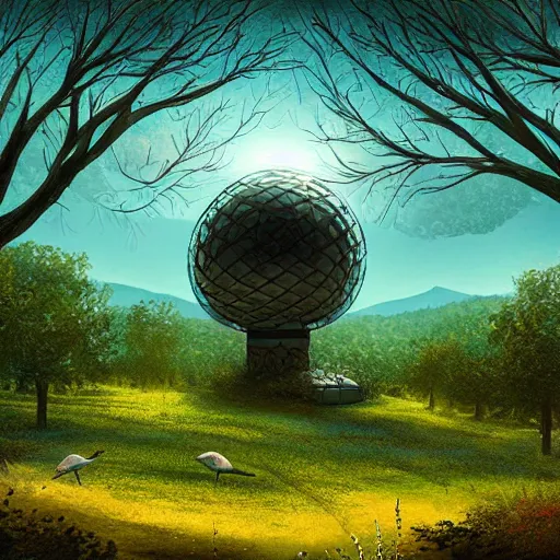 Prompt: round sci-fi building in a forested valley with birds, sense of hope, daytime, bright sky, digital art, art station, extremely detailed