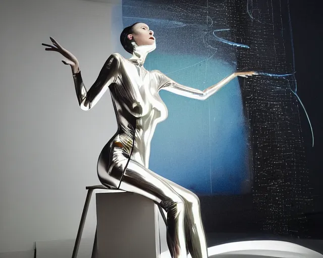 Image similar to portrait of a transforming model wearing futuristic bodysuit doing poses on a rotating platform in a photography studio surrounded by lights by james jean and luc tuymans and beeple and hernan bas and pat steir and hilma af klint, psychological, 3 d, dripping paint, high quality render, masterpiece