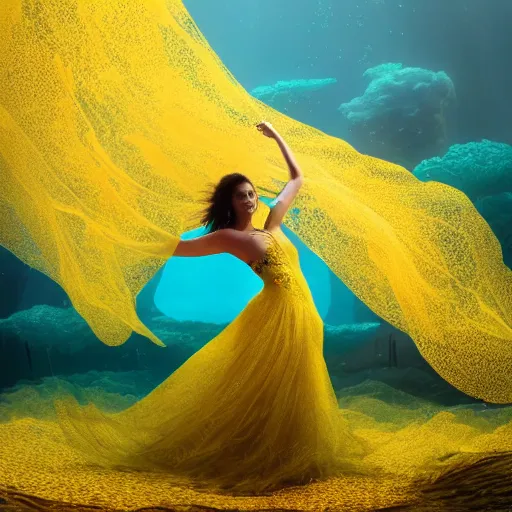 Prompt: woman dancing underwater wearing a long flowing dress made of many translucent layers of yellow and gold lace seaweed, bolts of bright yellow fish, delicate coral sea bottom, swirling silver fish, swirling smoke shapes, unreal engine, caustics lighting from above, cinematic, hyperdetailed