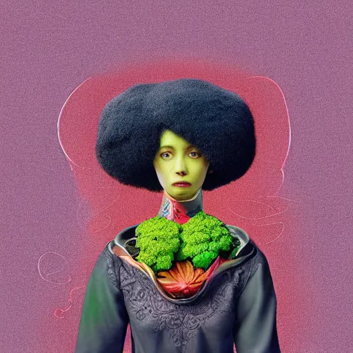 Image similar to the portrait of an unbelievably beautiful, elegant, and sophicated young woman partially made of broccoli looking up, an ultrafine detailed illustration by james jean, intricate linework, bright colors, final fantasy, behance contest winner, vanitas, angular, altermodern, unreal engine 5 highly rendered, global illumination, radiant light, detailed and intricate environment