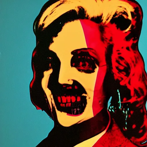 Image similar to a woman in a suit and tie with a creepy face, a screenprint by warhol, reddit contest winner, antipodeans, hellish, anaglyph filter, hellish background