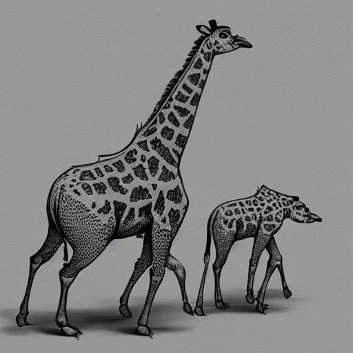 Image similar to giraffe pig hybrids riding bicycles, sepia toned illustration