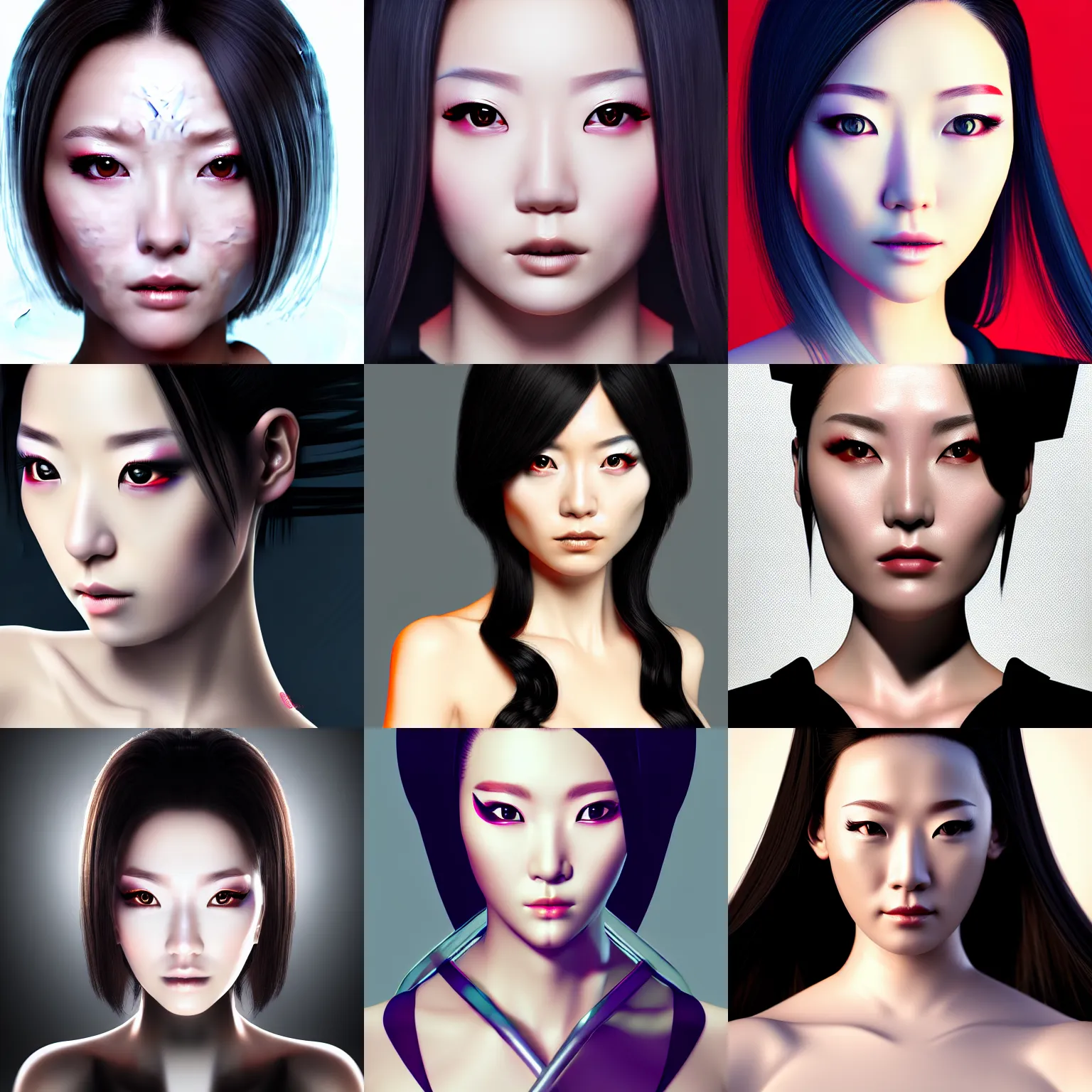 Prompt: closeup front orthographic portrait of a posh seductive cyberpunk woman, japanese heritage, high detail, soft studio lighting, full frontal lighting, digital photography, hyper realistic style