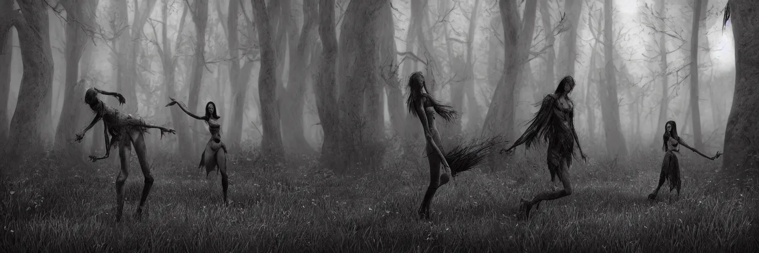 Image similar to epic fantasy render of a two beautiful skinny women body, long dark hairs, detailed anatomy, woods, black fog, black and white, highly detailed, cinematic, hyperrealism, dynamic lighting, octane render