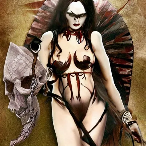 Prompt: a voluptuous evil female dark elf witch holding a skull, photo real, very realistic