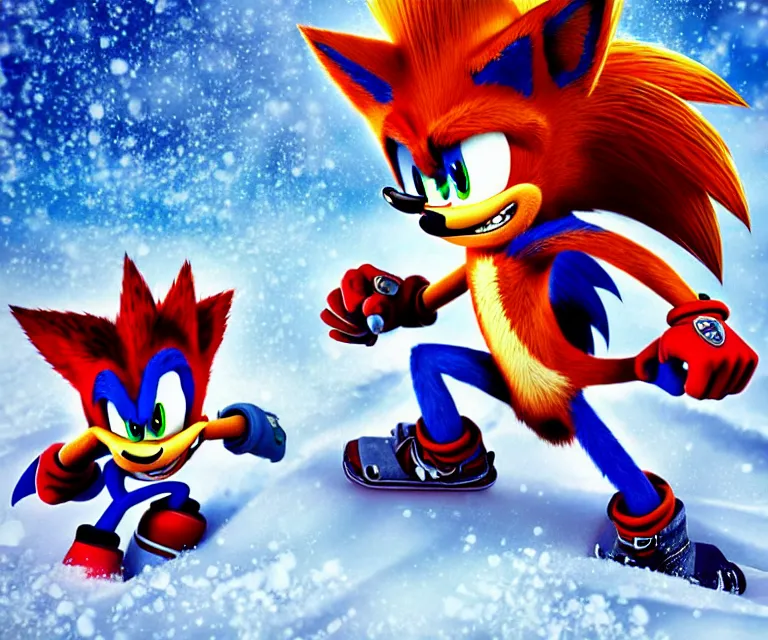 Prompt: a close up beautiful photo of crash bandicoot and sonic the hedgehog skiing together on a snowy mountain, icepunk, gamercore, ultra detailed, concept art, sharp focus, trending on artstation