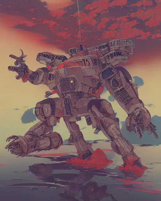 Image similar to japanese folk painting of mecha, detailed, cel shaded, by makoto shinkai and moebius and anton fadeev and james gurney,