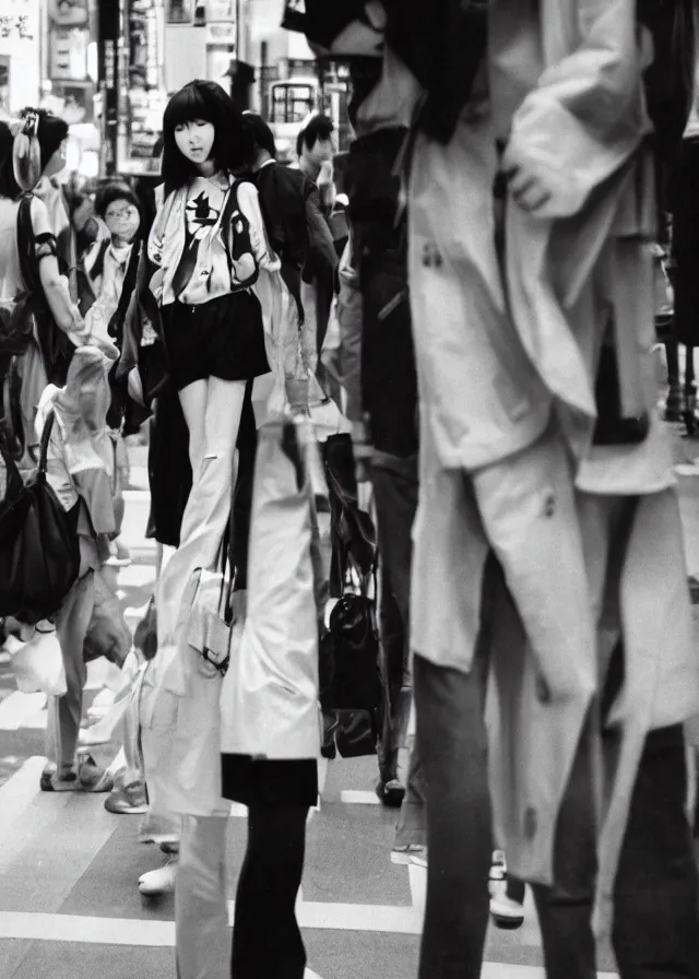 Image similar to a street fashion photograph of a cute japanese woman in 9 0 s fashion, in tokyo akihabara, shot on cinestill 5 0 d with a 3 5 mm at f / 2. 8 lens, print magazine, photorealistic, nineties nostalgia, 4 k